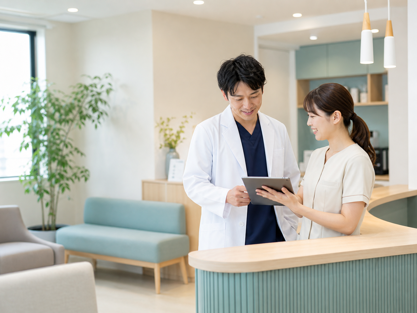 クリニックでタブレットを確認する医師とスタッフ